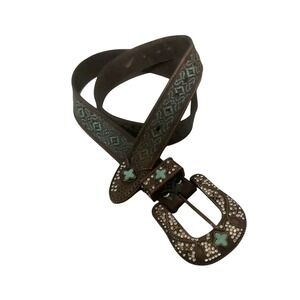 Nocona Womens Brown Leather Western Belt Turquoise Filigree Rhinestone Bling L